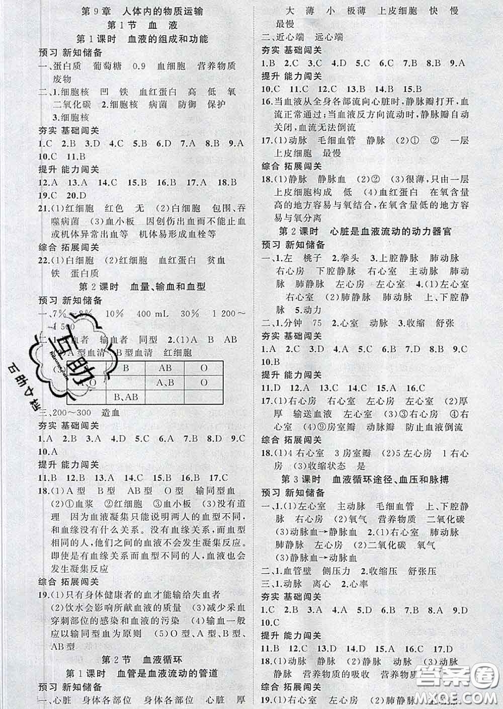 新疆青少年出版社2020春黃岡100分闖關(guān)七年級(jí)生物下冊(cè)北師版答案