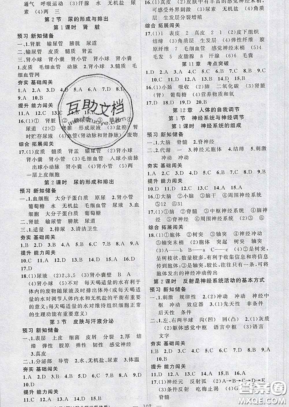 新疆青少年出版社2020春黃岡100分闖關(guān)七年級(jí)生物下冊(cè)北師版答案