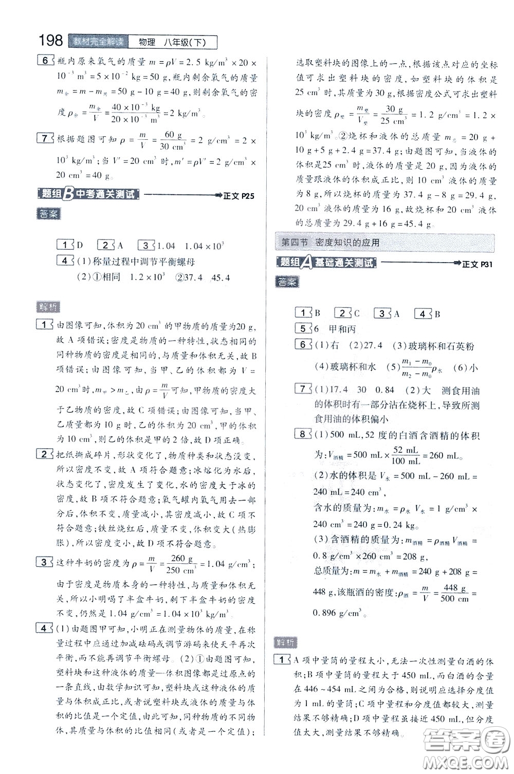 2020年王后雄初中教材完全解讀八年級(jí)下冊(cè)物理SKWL蘇科版參考答案