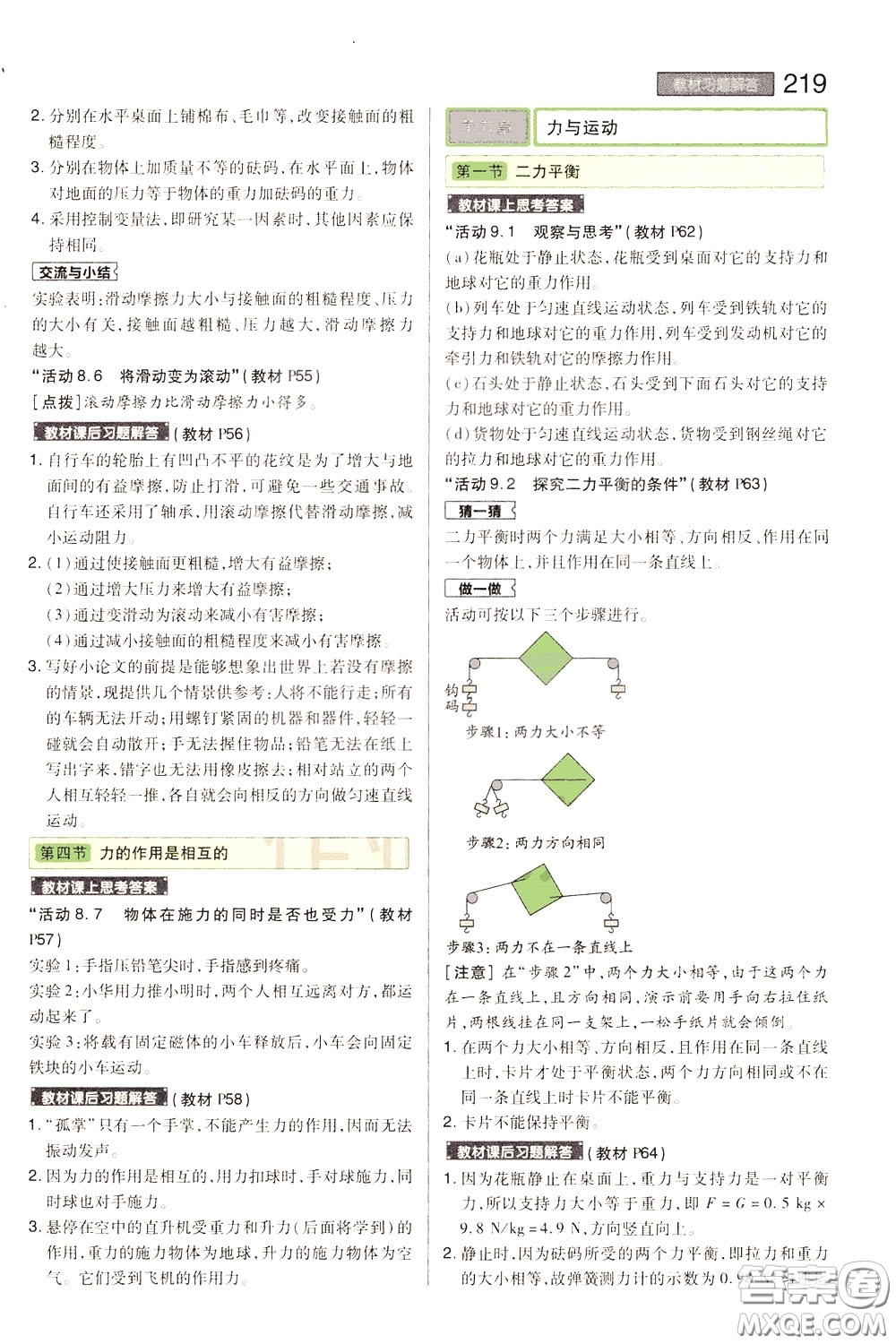 2020年王后雄初中教材完全解讀八年級(jí)下冊(cè)物理SKWL蘇科版參考答案