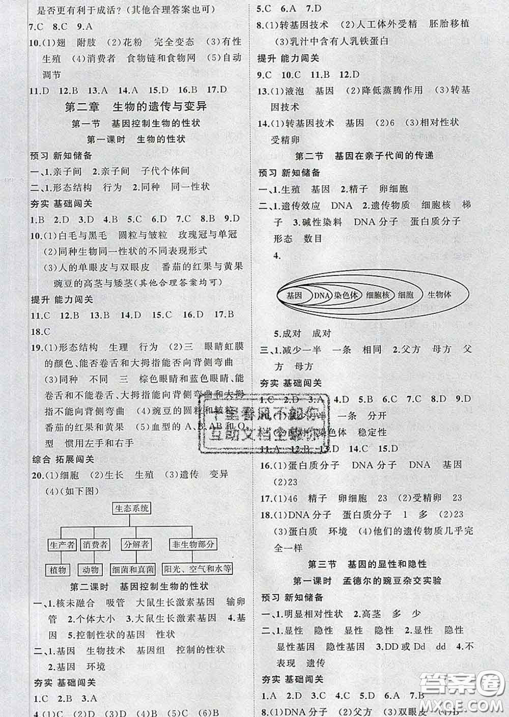 新疆青少年出版社2020春黃岡100分闖關(guān)八年級(jí)生物下冊(cè)人教版答案