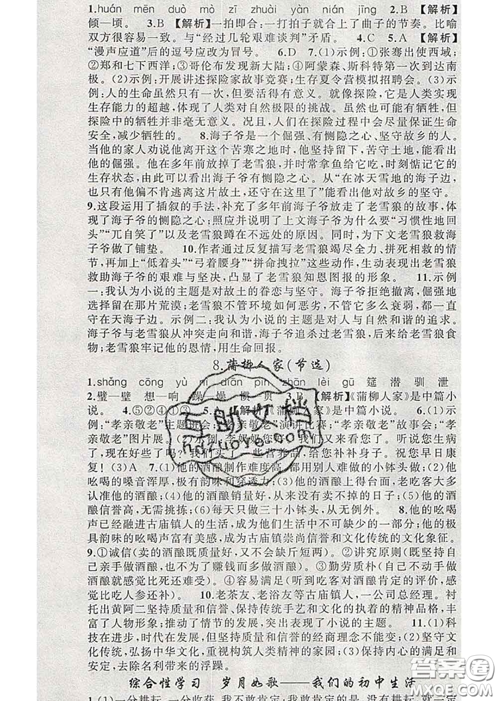 新疆青少年出版社2020春黃岡100分闖關(guān)九年級語文下冊人教版答案