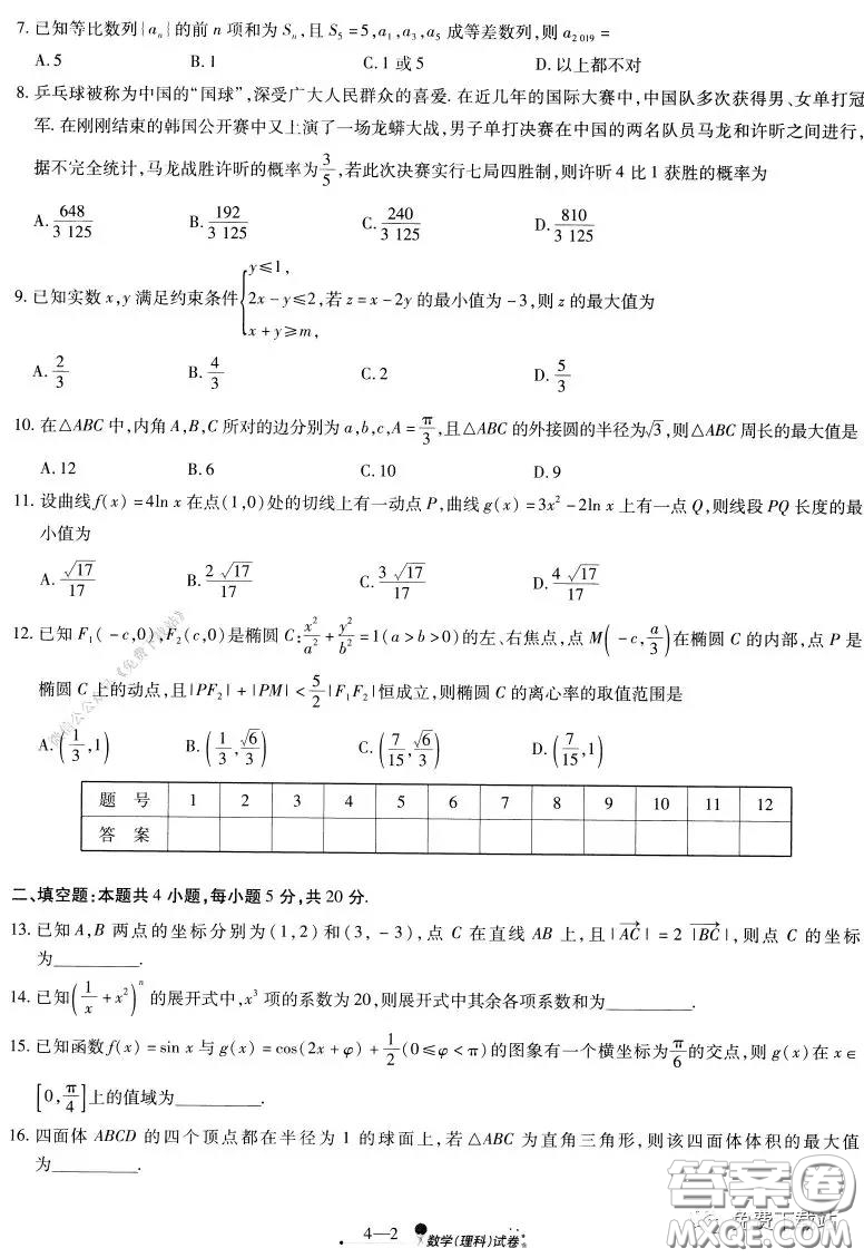 天一大聯(lián)考2020屆高考全真模擬卷四理科數(shù)學(xué)試題及答案