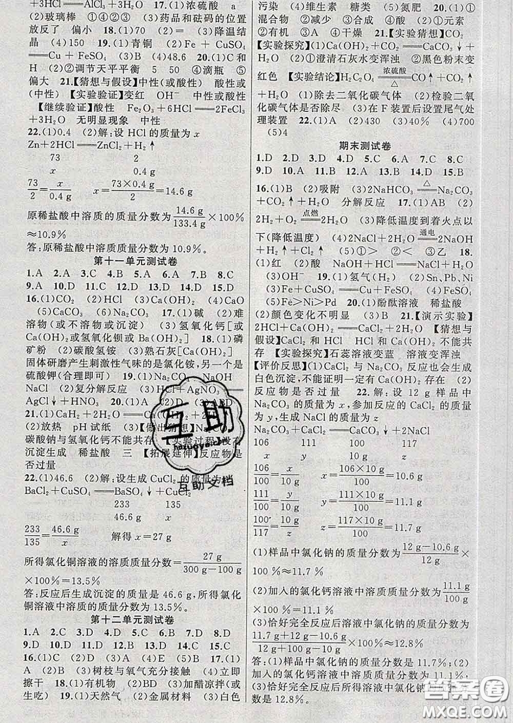 新疆青少年出版社2020春黃岡100分闖關(guān)九年級(jí)化學(xué)下冊(cè)人教版答案