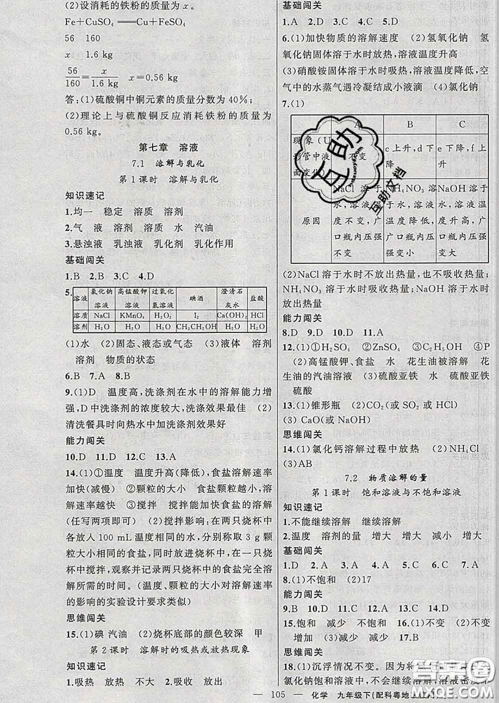 新疆青少年出版社2020春黃岡100分闖關(guān)九年級化學下冊科粵版答案