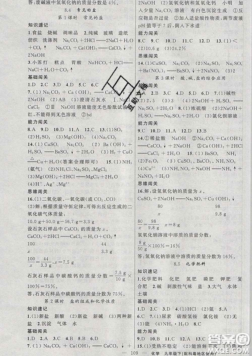 新疆青少年出版社2020春黃岡100分闖關(guān)九年級化學下冊科粵版答案