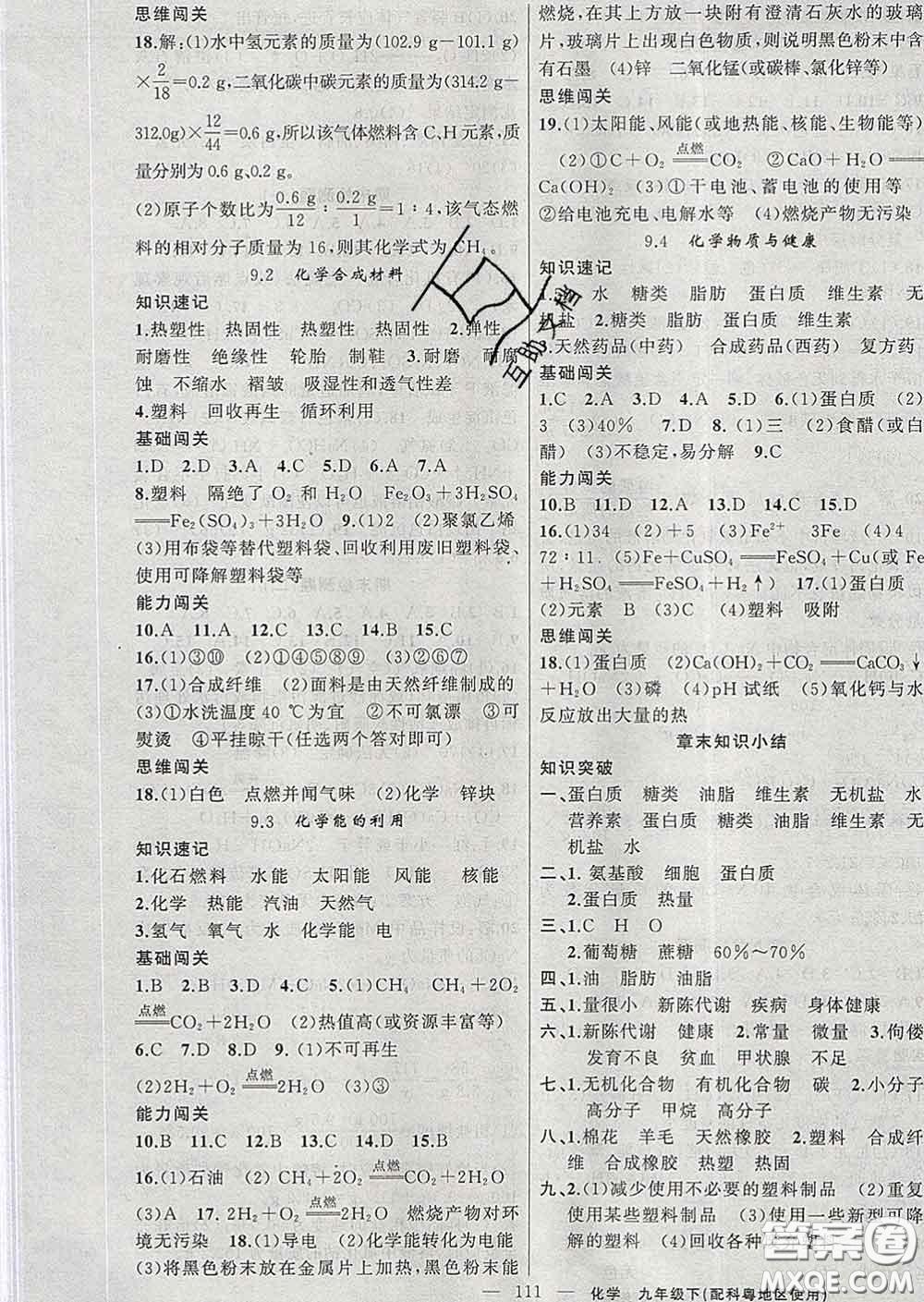 新疆青少年出版社2020春黃岡100分闖關(guān)九年級化學下冊科粵版答案