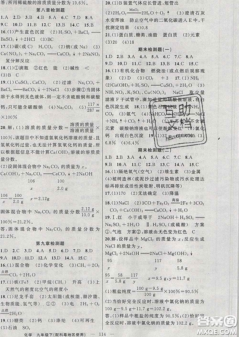 新疆青少年出版社2020春黃岡100分闖關(guān)九年級化學下冊科粵版答案