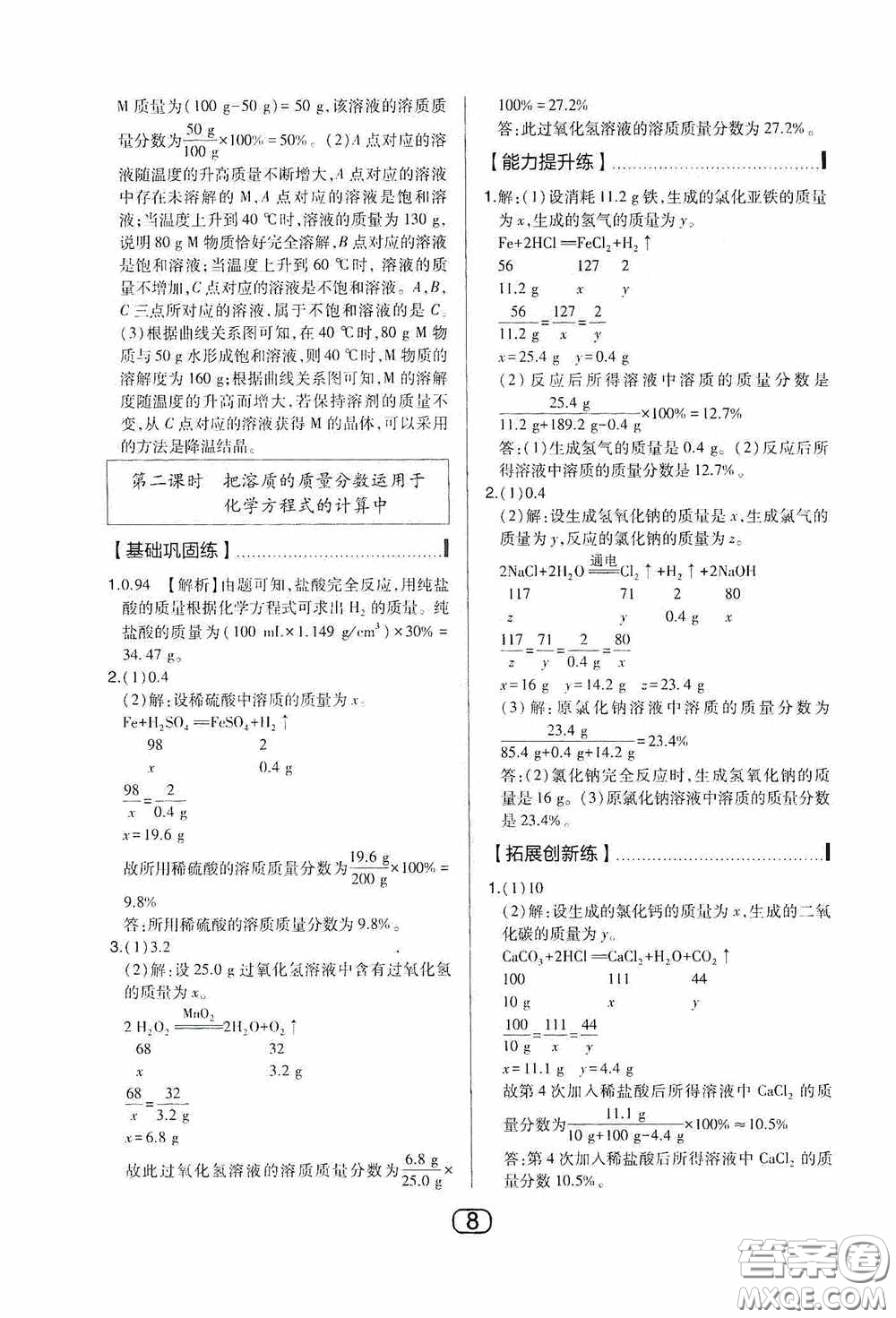 東北師范大學(xué)出版社2020北大綠卡課時同步講練九年級化學(xué)下冊人教版答案