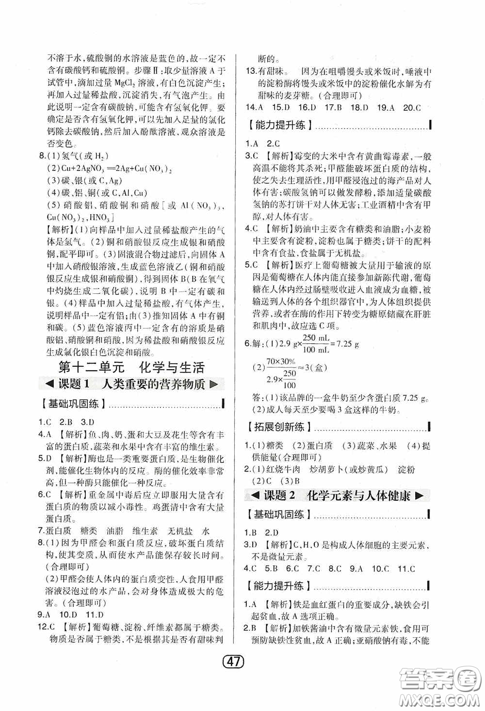 東北師范大學(xué)出版社2020北大綠卡課時同步講練九年級化學(xué)下冊人教版答案