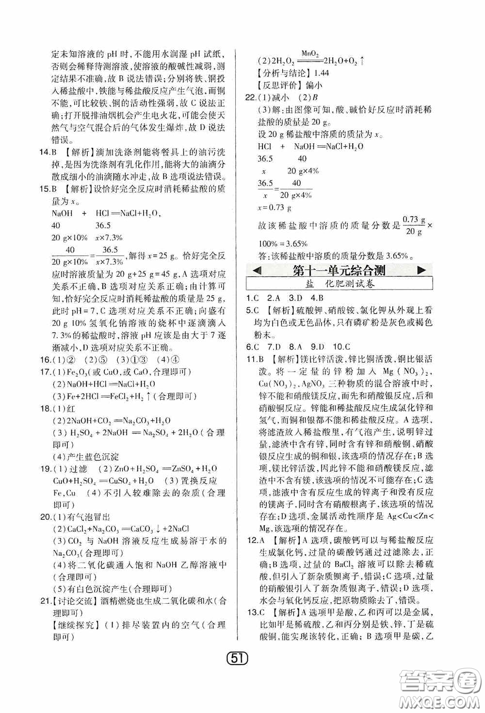 東北師范大學(xué)出版社2020北大綠卡課時同步講練九年級化學(xué)下冊人教版答案