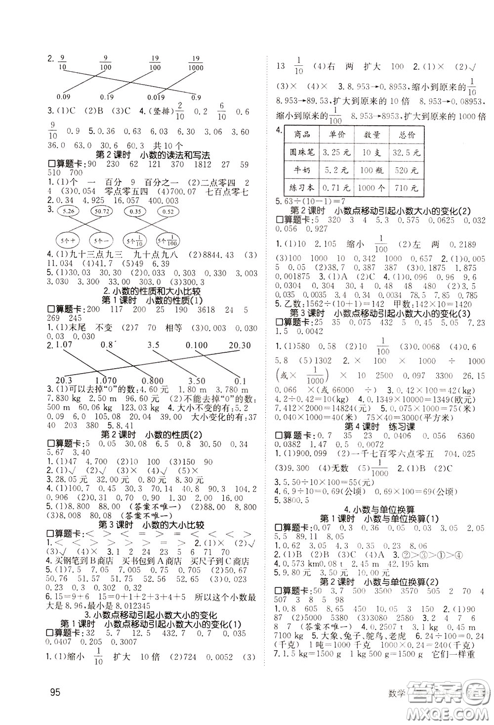 2020年英才小狀元同步優(yōu)化練與測四年級下冊數(shù)學(xué)RJ人教版參考答案