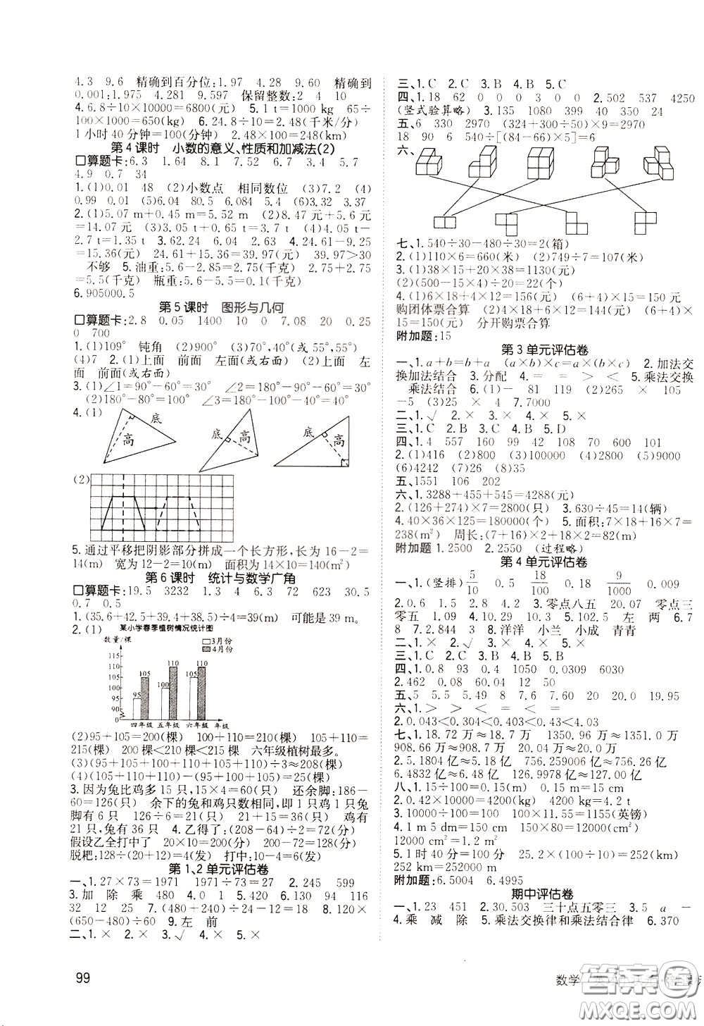 2020年英才小狀元同步優(yōu)化練與測四年級下冊數(shù)學(xué)RJ人教版參考答案