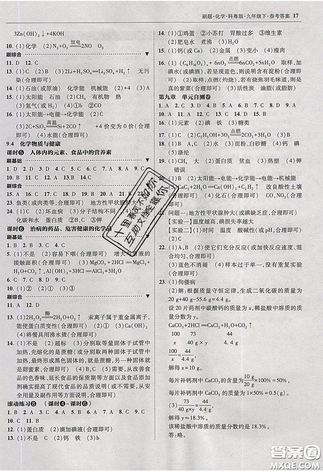 2020春北大綠卡刷題九年級化學(xué)下冊科粵版答案