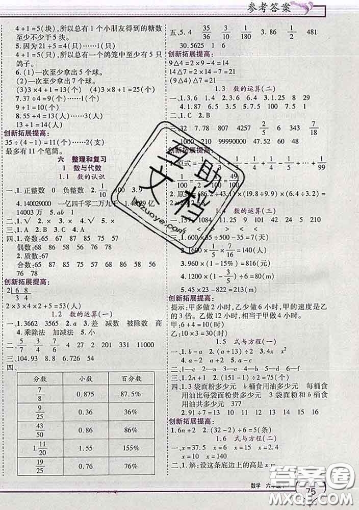 2020新版新全優(yōu)全優(yōu)備考六年級數(shù)學下冊人教版答案