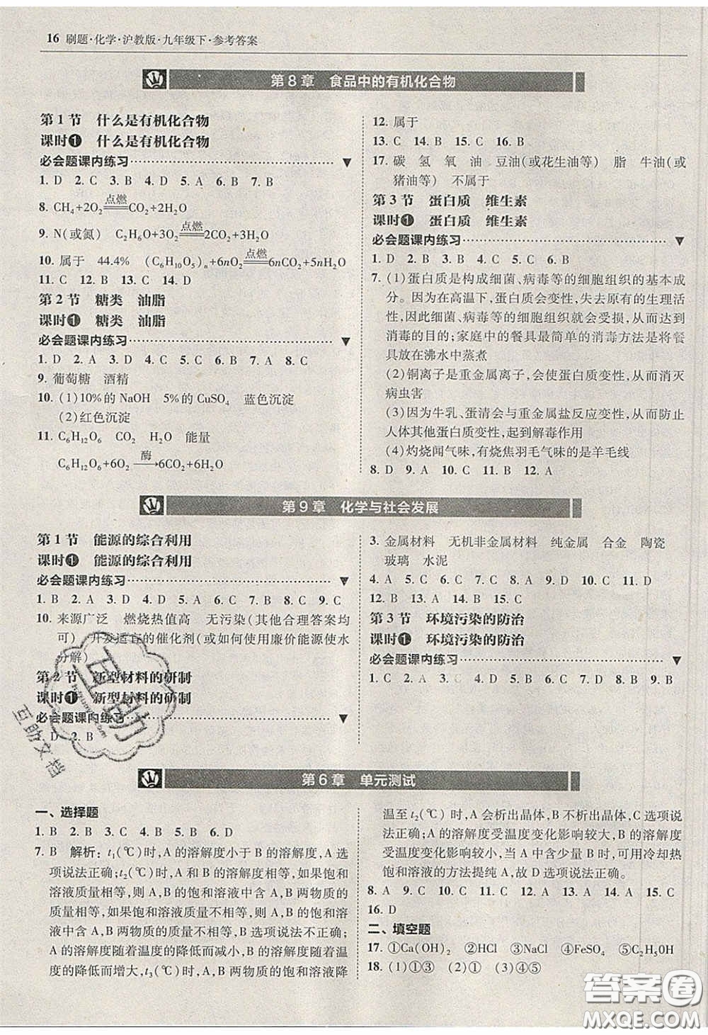 2020春北大綠卡刷題九年級化學(xué)下冊滬教版答案