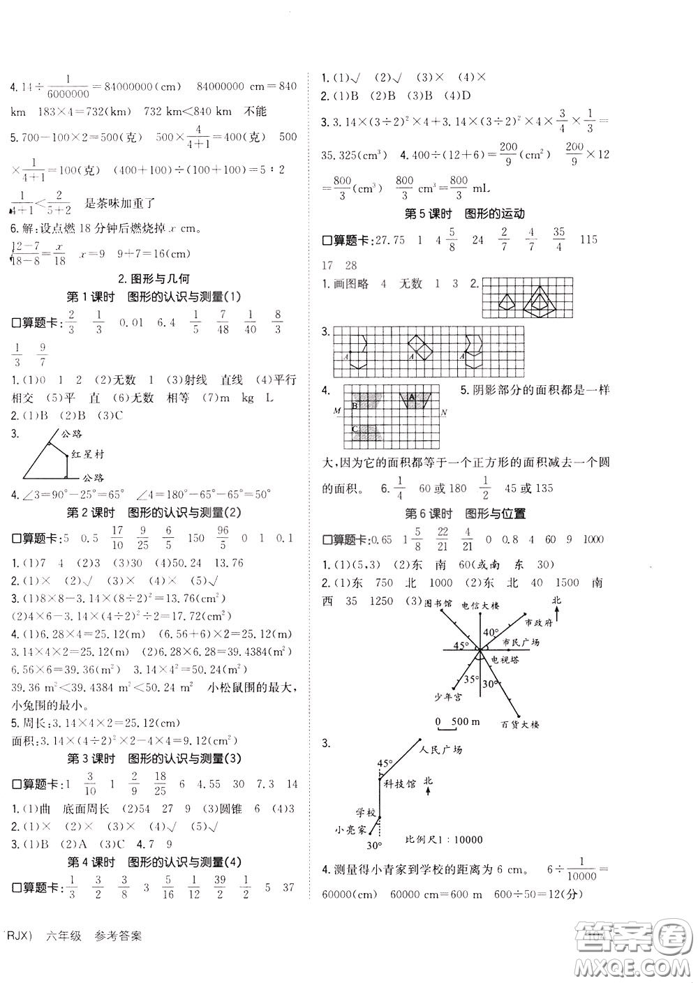 2020年英才小狀元同步優(yōu)化練與測六年級(jí)下冊數(shù)學(xué)RJ人教版參考答案