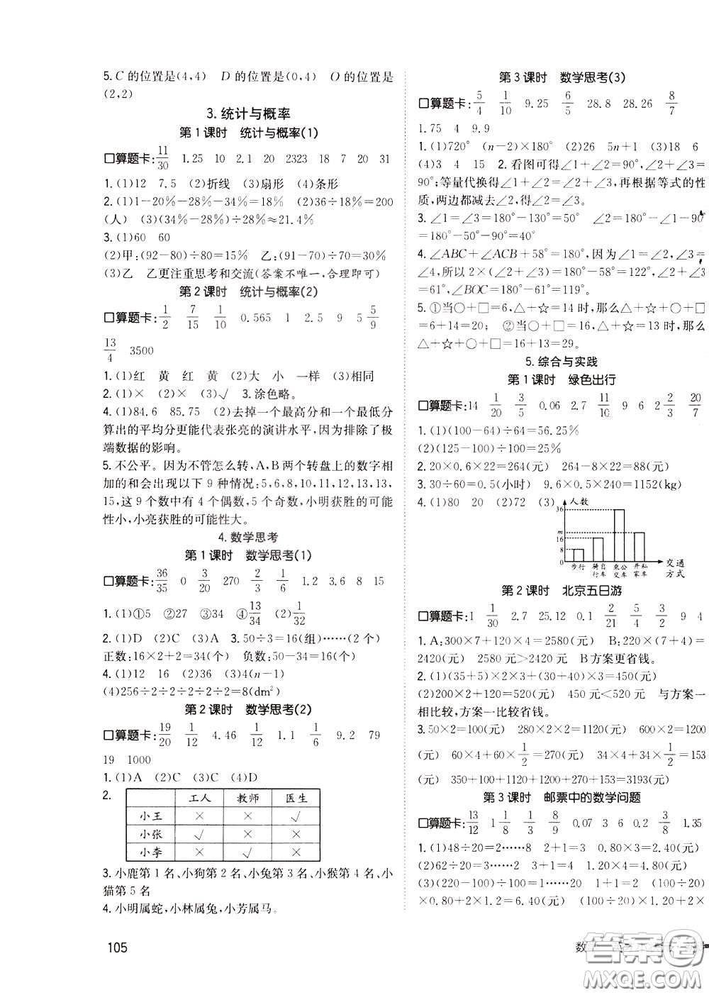 2020年英才小狀元同步優(yōu)化練與測六年級(jí)下冊數(shù)學(xué)RJ人教版參考答案