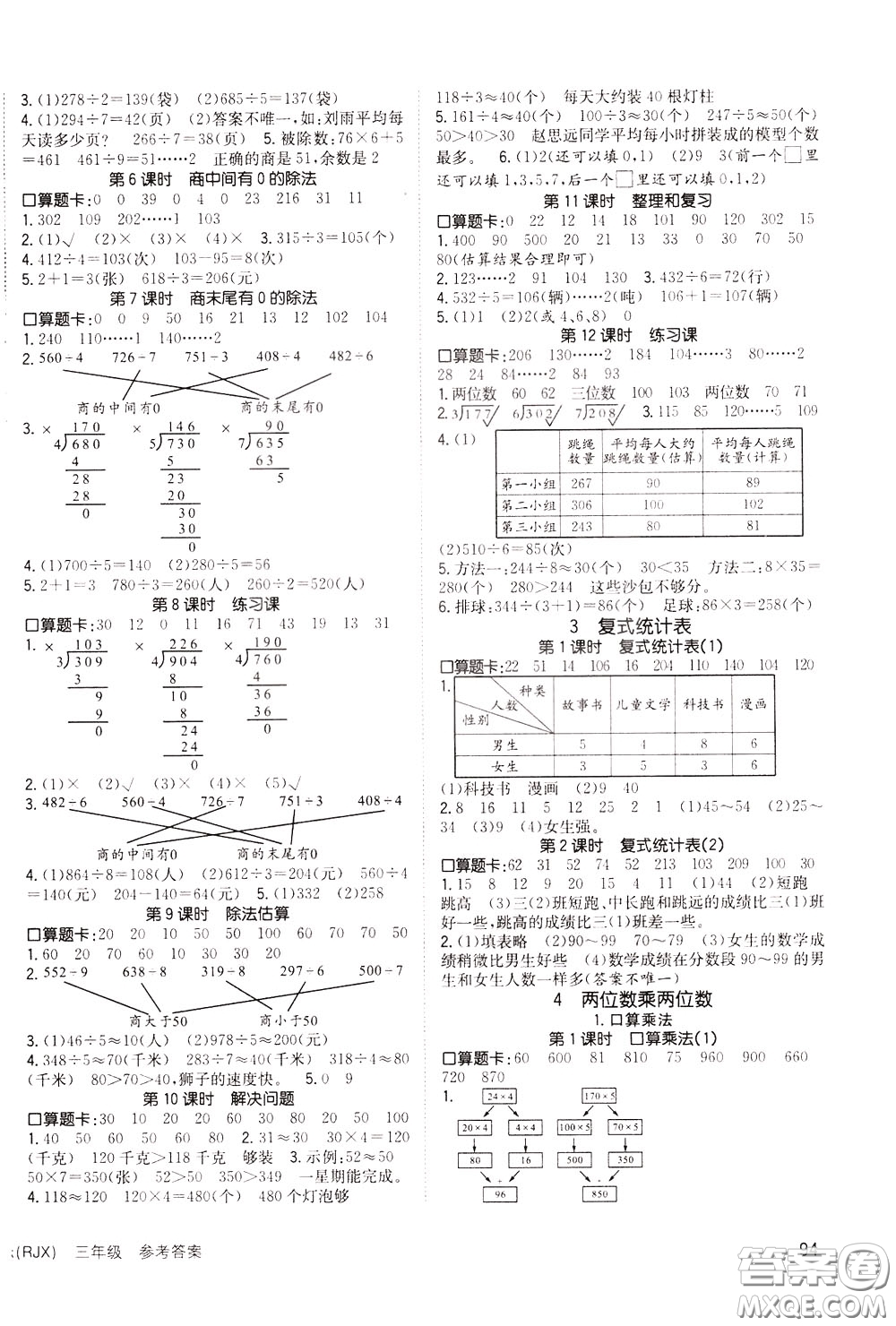 2020年英才小狀元同步優(yōu)化練與測三年級下冊數(shù)學(xué)RJ人教版參考答案