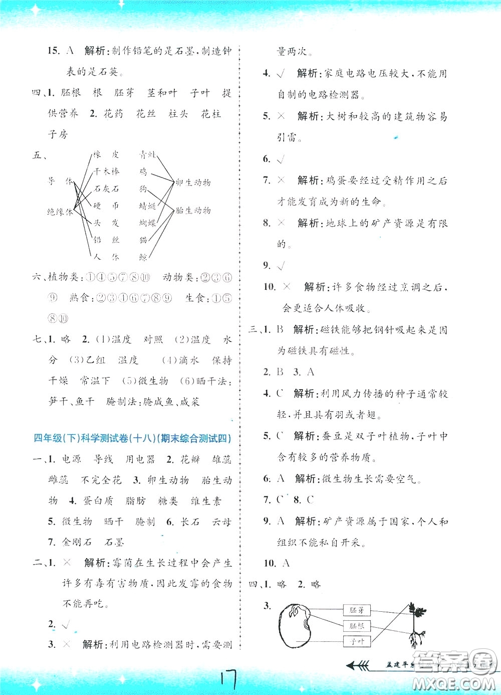 孟建平系列叢書2020年小學(xué)單元測試科學(xué)四年級下冊J教科版參考答案