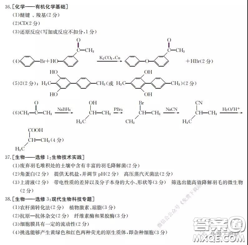 2020屆金太陽(yáng)2月線(xiàn)上聯(lián)考理科綜合答案