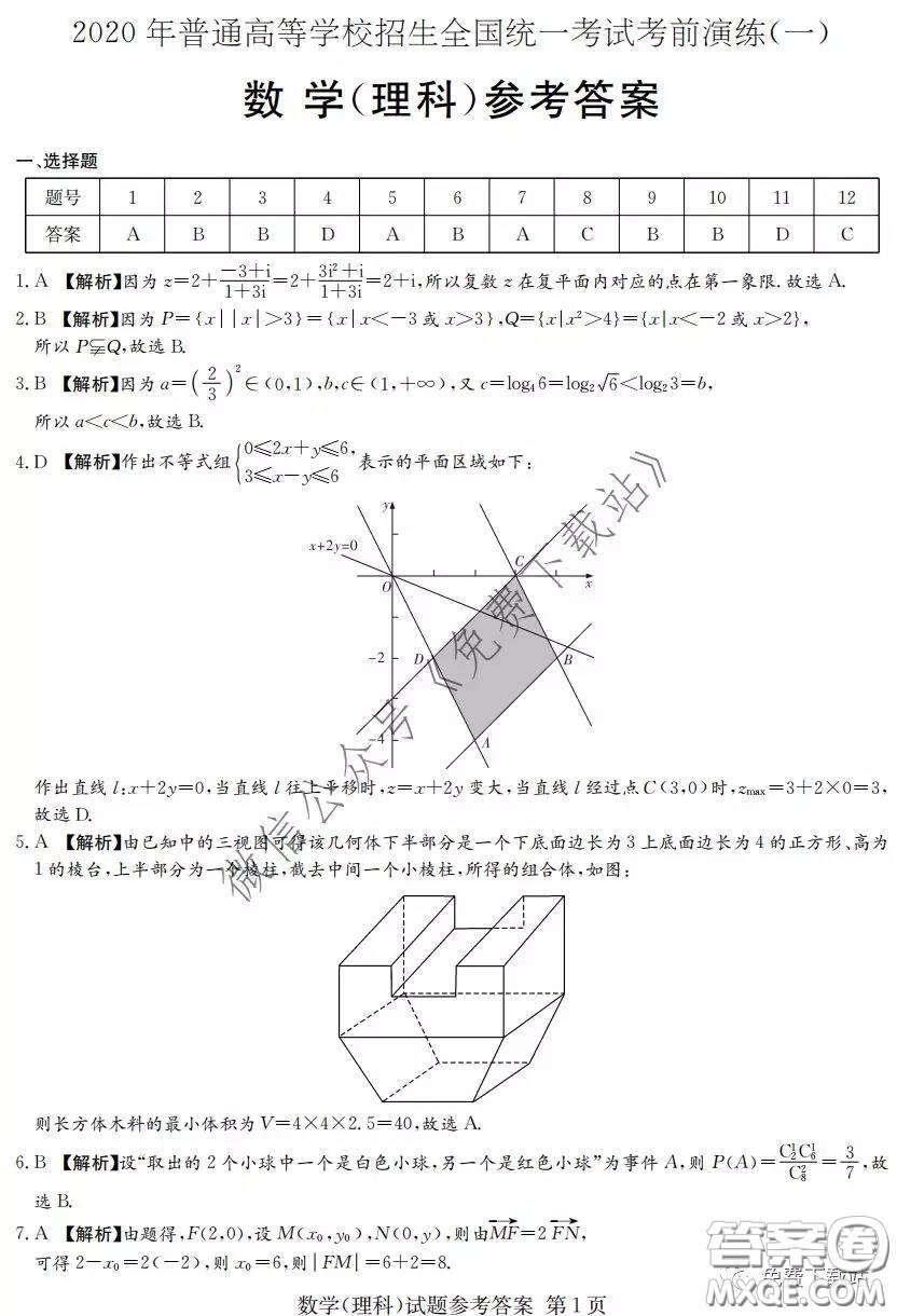 2020年普通高等學(xué)校招生全國統(tǒng)一考試考前演練一理科數(shù)學(xué)試題及答案