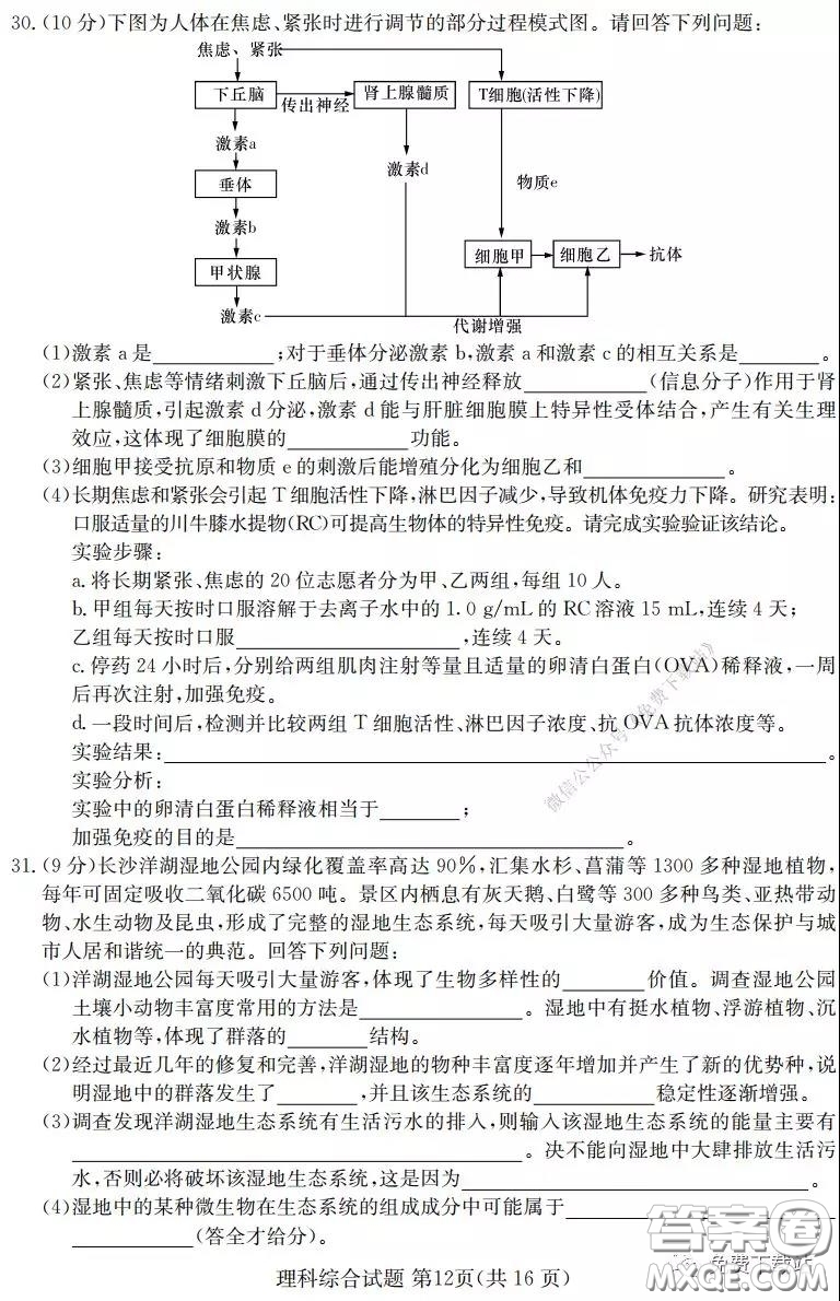 2020年普通高等學校招生全國統(tǒng)一考試考前演練一理科綜合試題及答案