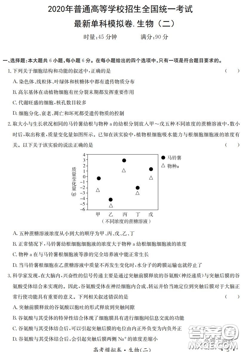 江淮名校2020年普通高等學(xué)校招生全國統(tǒng)一考試最新模擬卷二理科綜合試題及答案