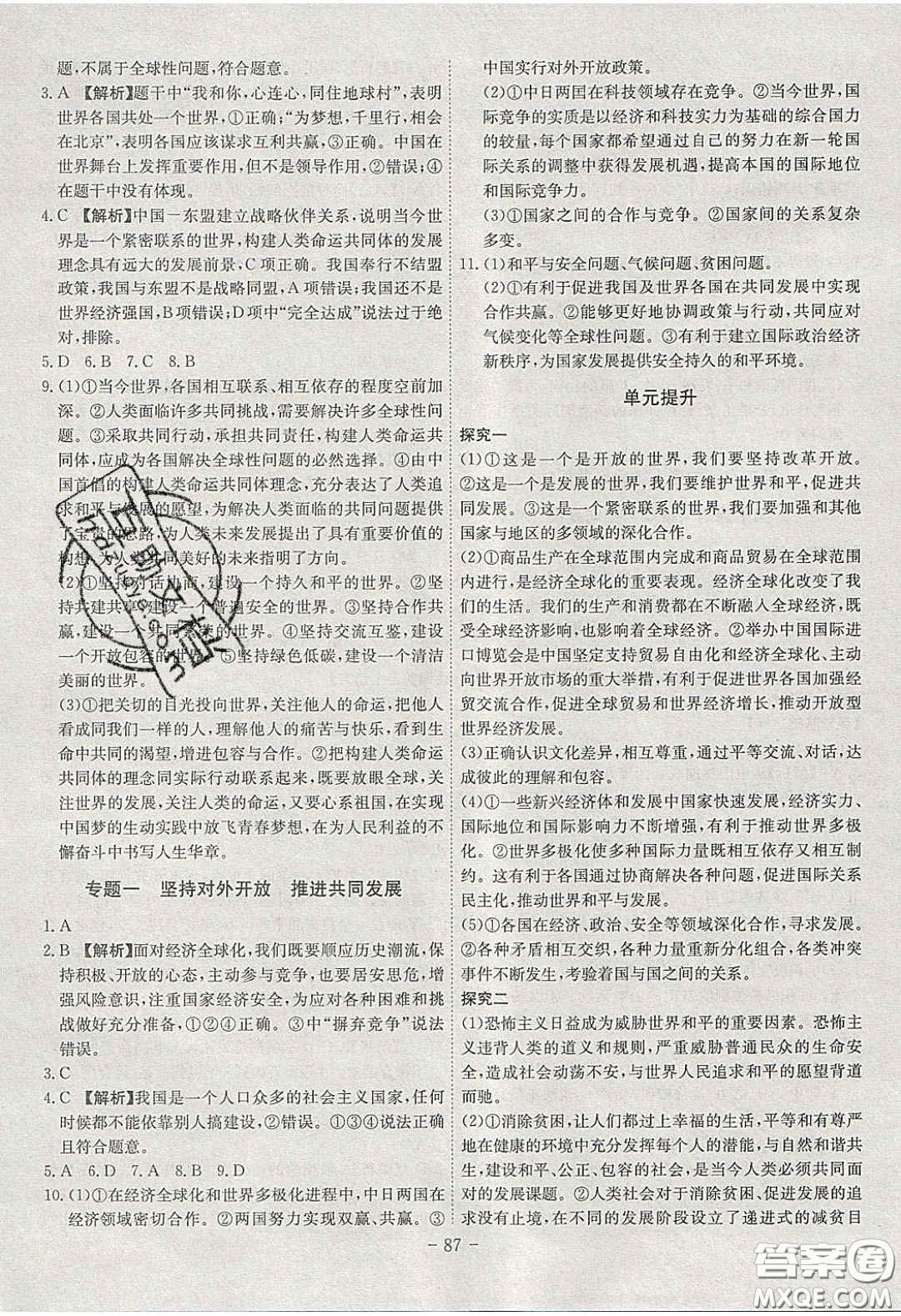 2020課時A計劃九年級道德與法治下冊人教版答案