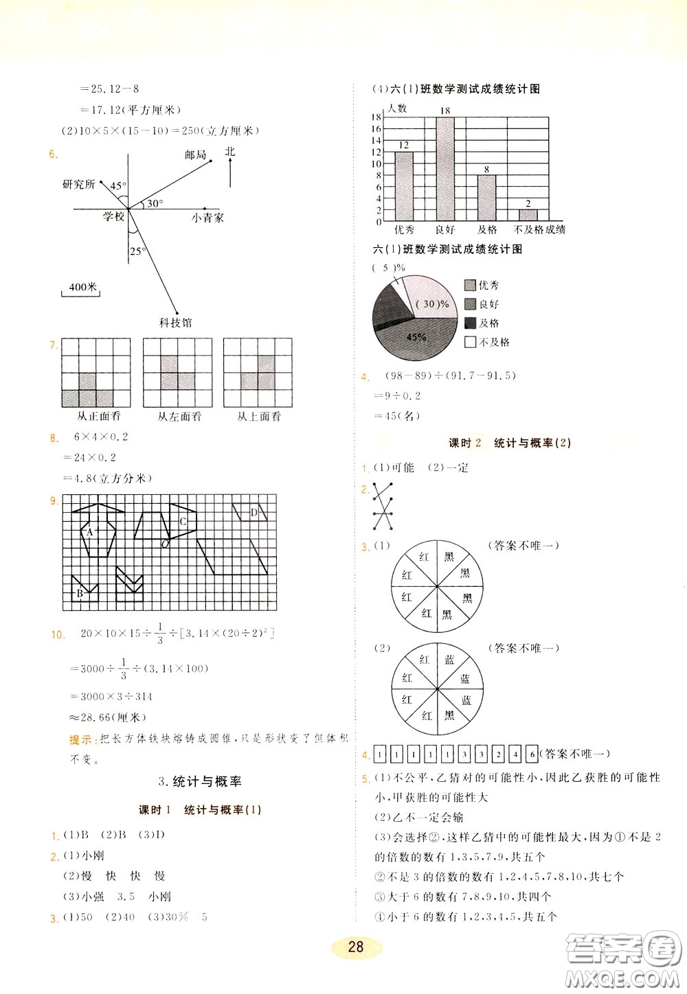 2020年黃岡同步練一日一練數(shù)學(xué)6年級下冊RJ人教版參考答案