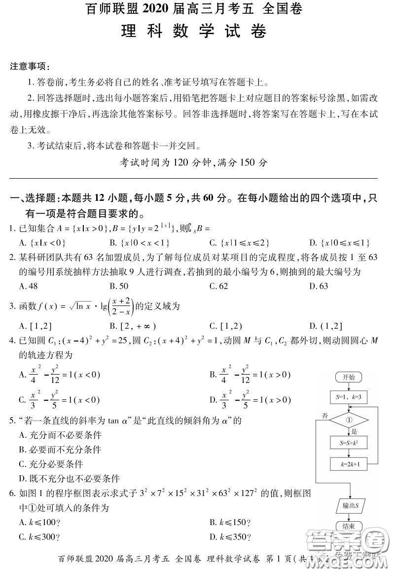 百師聯(lián)盟2020屆高三月考五全國卷理科數(shù)學(xué)試題及答案