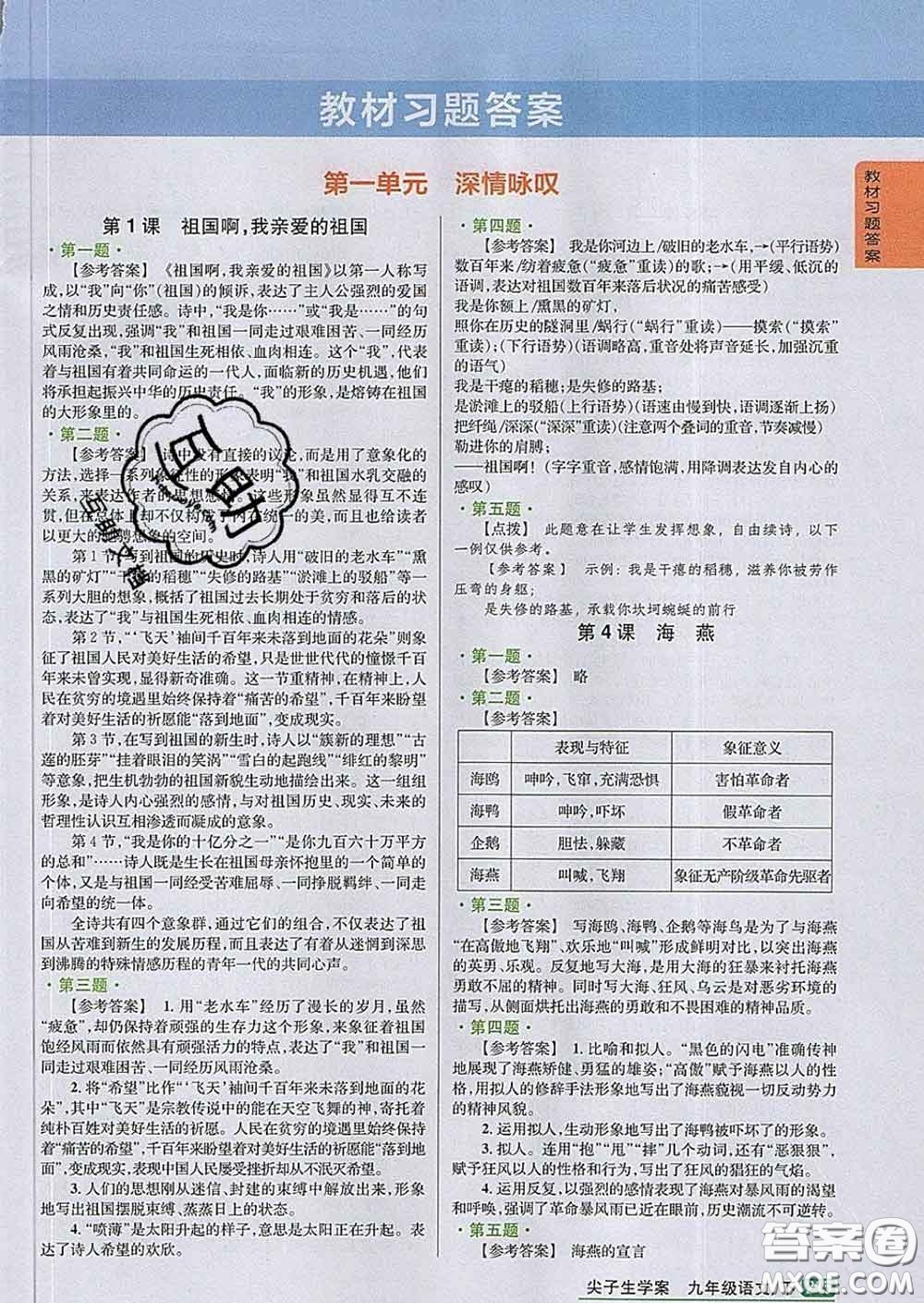 吉林人民出版社2020春尖子生學(xué)案九年級(jí)語(yǔ)文下冊(cè)人教版答案