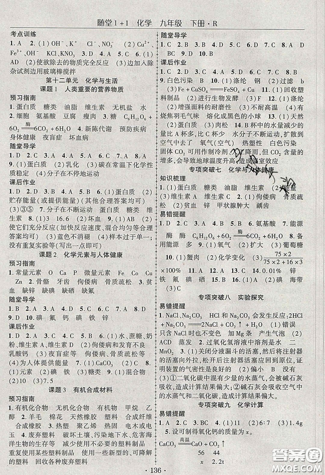 海韻圖書2020年春隨堂1+1導(dǎo)練九年級化學(xué)下冊人教版答案