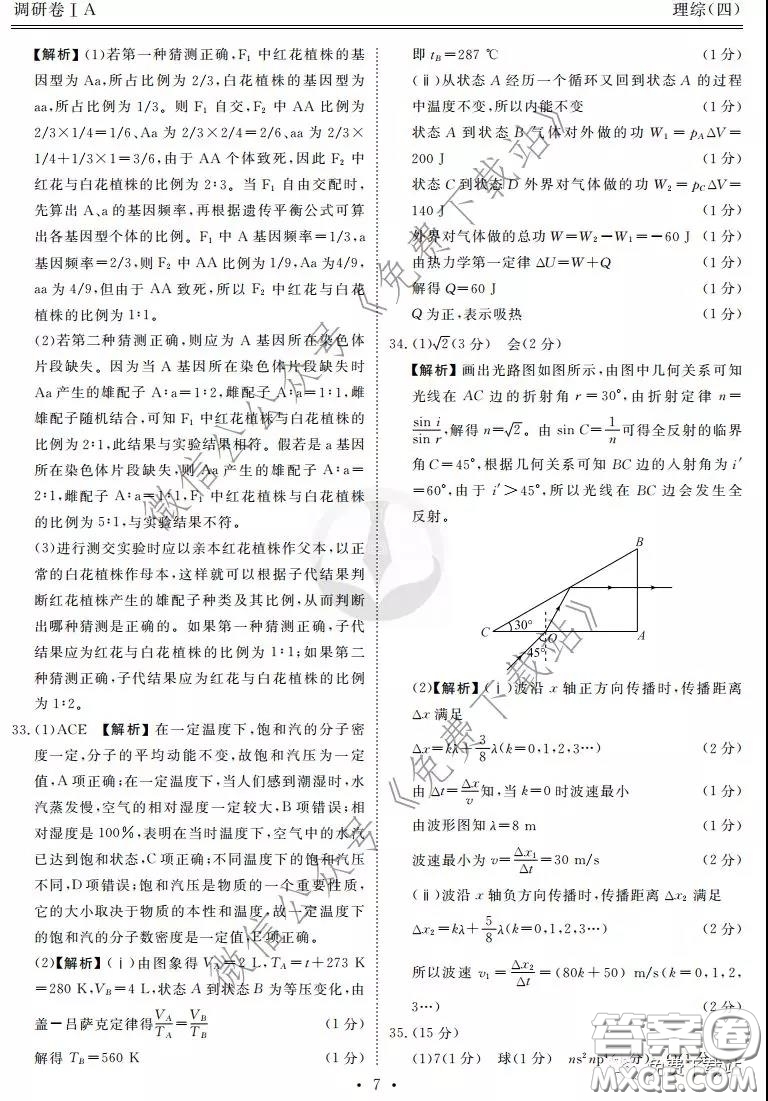 2020年衡水金卷先享題調(diào)研卷四理科綜合參考答案