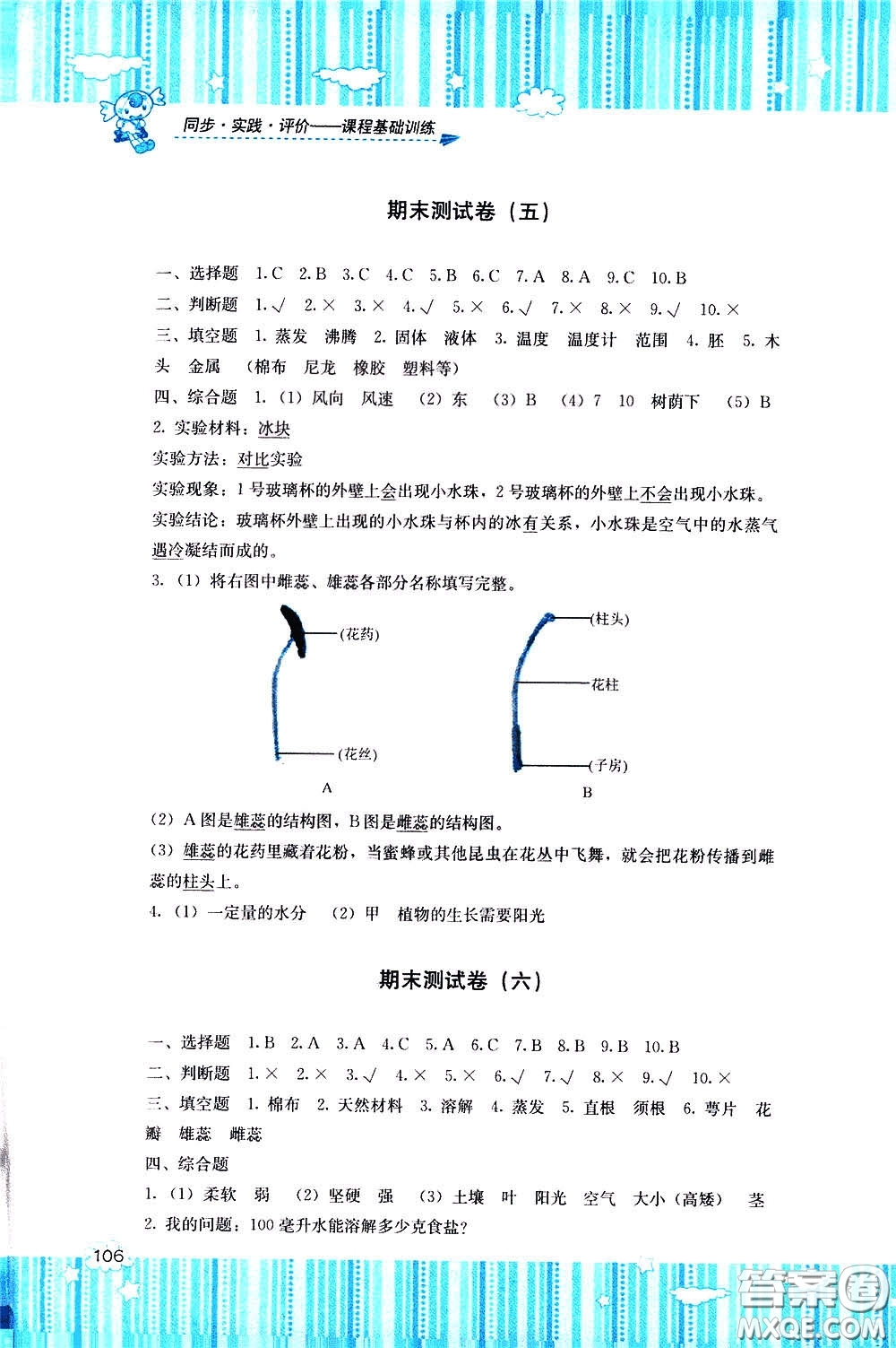 2020年課程基礎(chǔ)訓(xùn)練科學(xué)三年級(jí)下冊(cè)湘科版參考答案