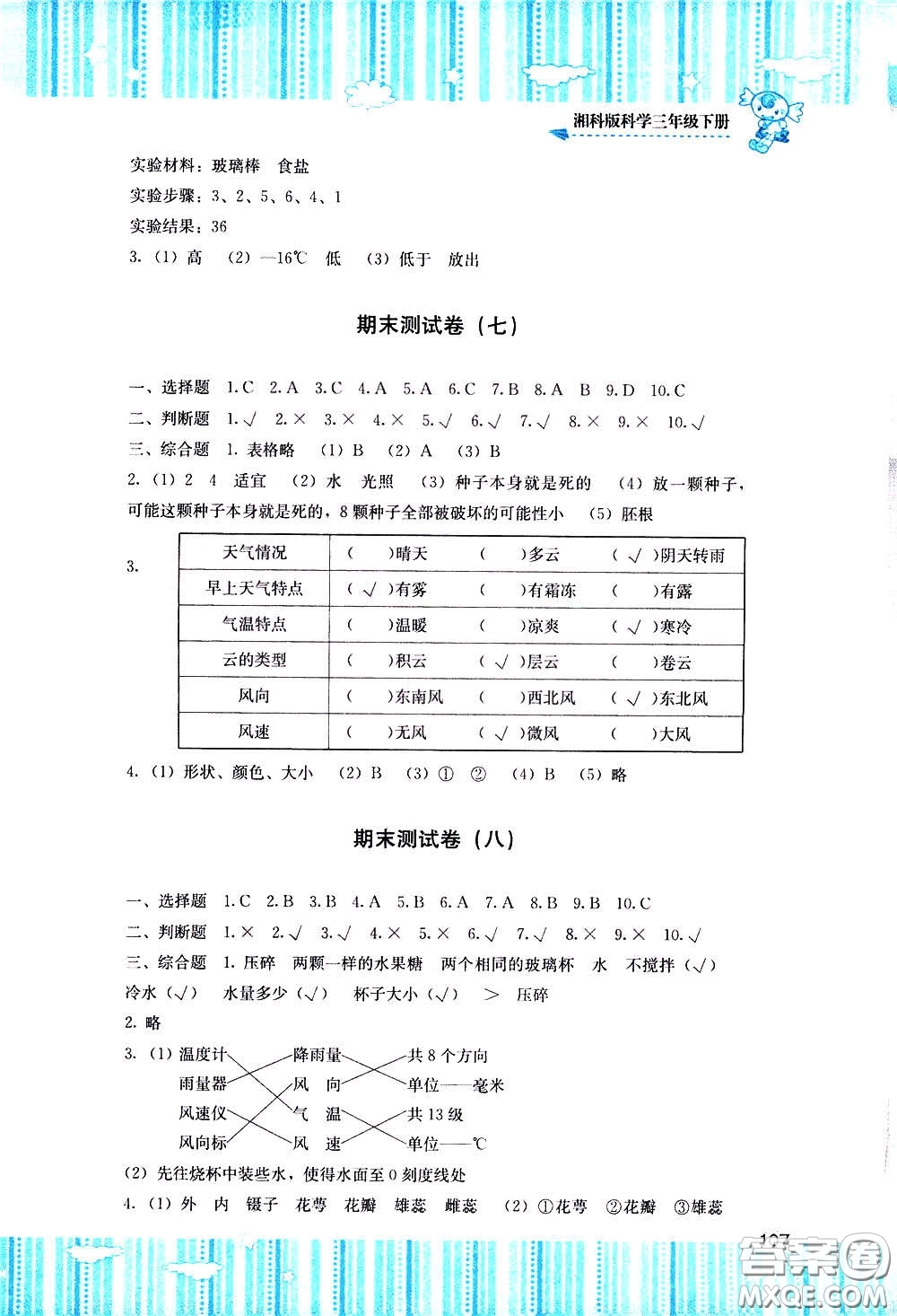 2020年課程基礎(chǔ)訓(xùn)練科學(xué)三年級(jí)下冊(cè)湘科版參考答案