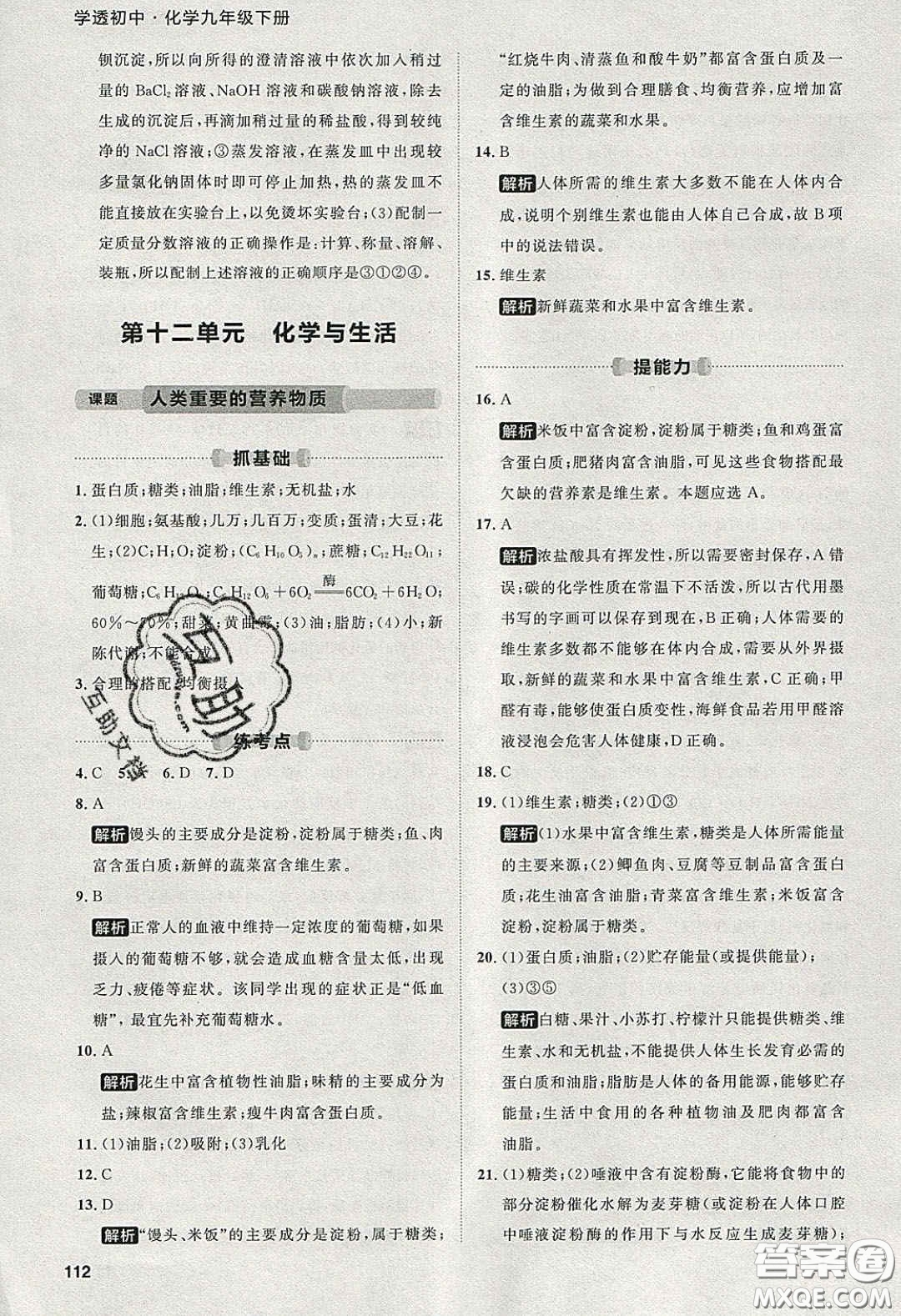 2020學(xué)透初中同步練習(xí)九年級(jí)化學(xué)下冊(cè)人教版答案