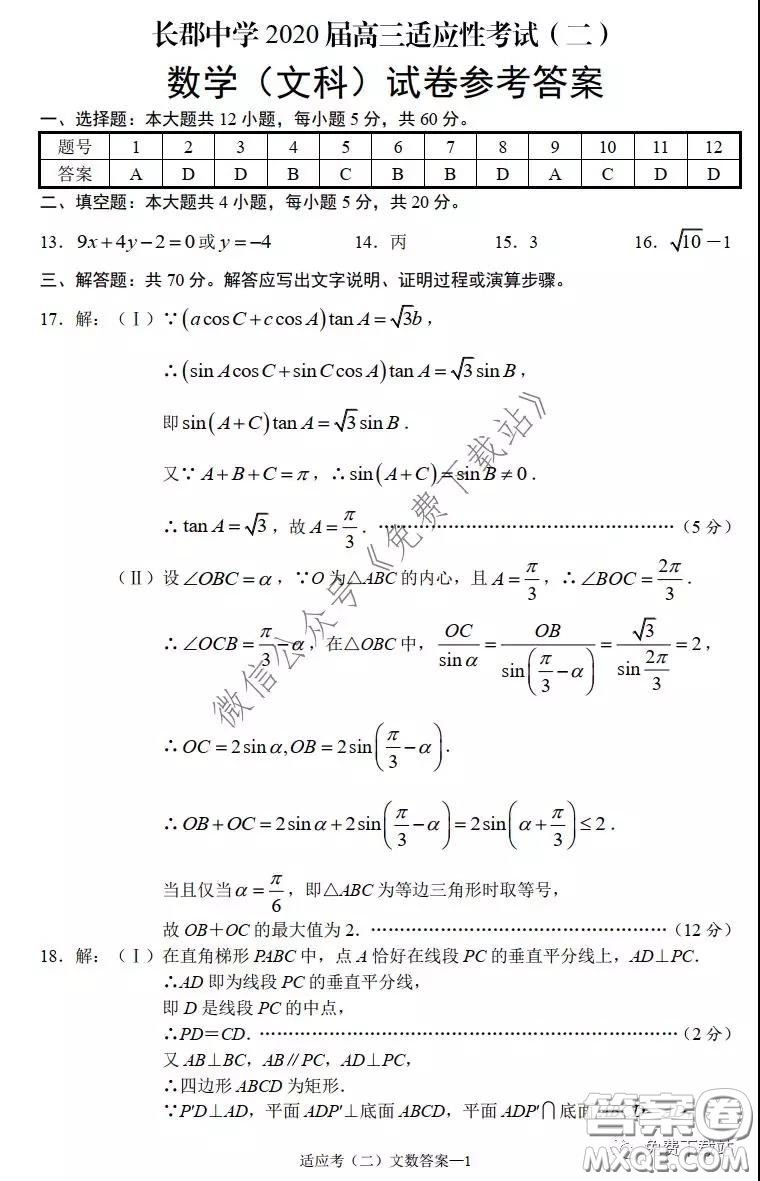 長郡中學2020屆高三適應性考試二文科數(shù)學試題及答案