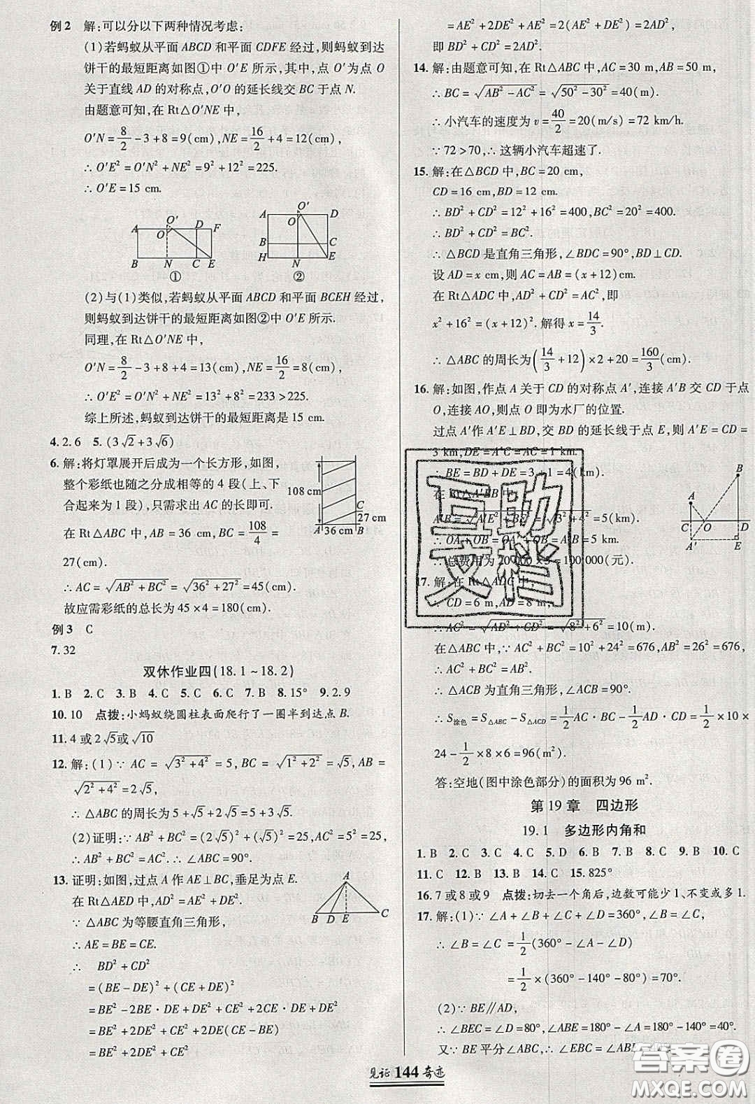 世紀英才2020見證奇跡英才學業(yè)設計與反饋八年級數(shù)學下冊滬科版答案