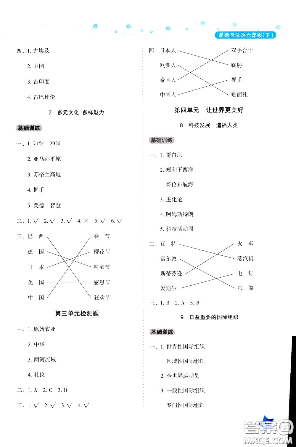 湖南教育出版社2020年學(xué)法大視野道德與法治六年級下冊人教版參考答案