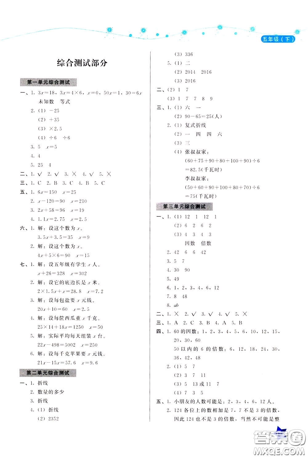 湖南教育出版社2020年學(xué)法大視野數(shù)學(xué)五年級下冊蘇教版參考答案