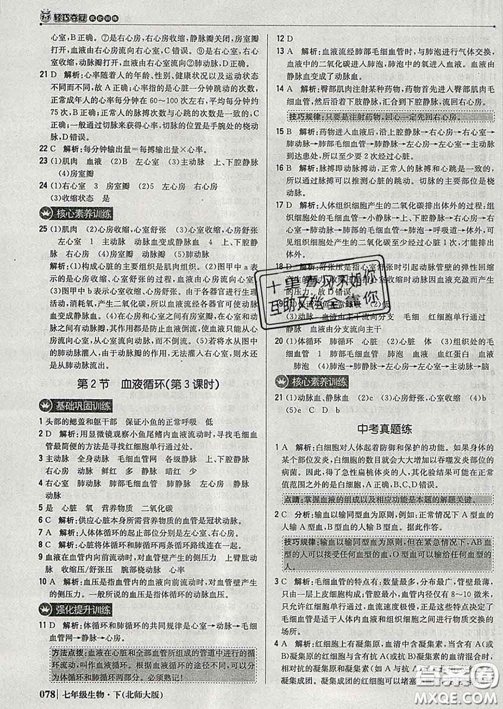 2020新版1加1輕巧奪冠優(yōu)化訓練七年級生物下冊北師版答案