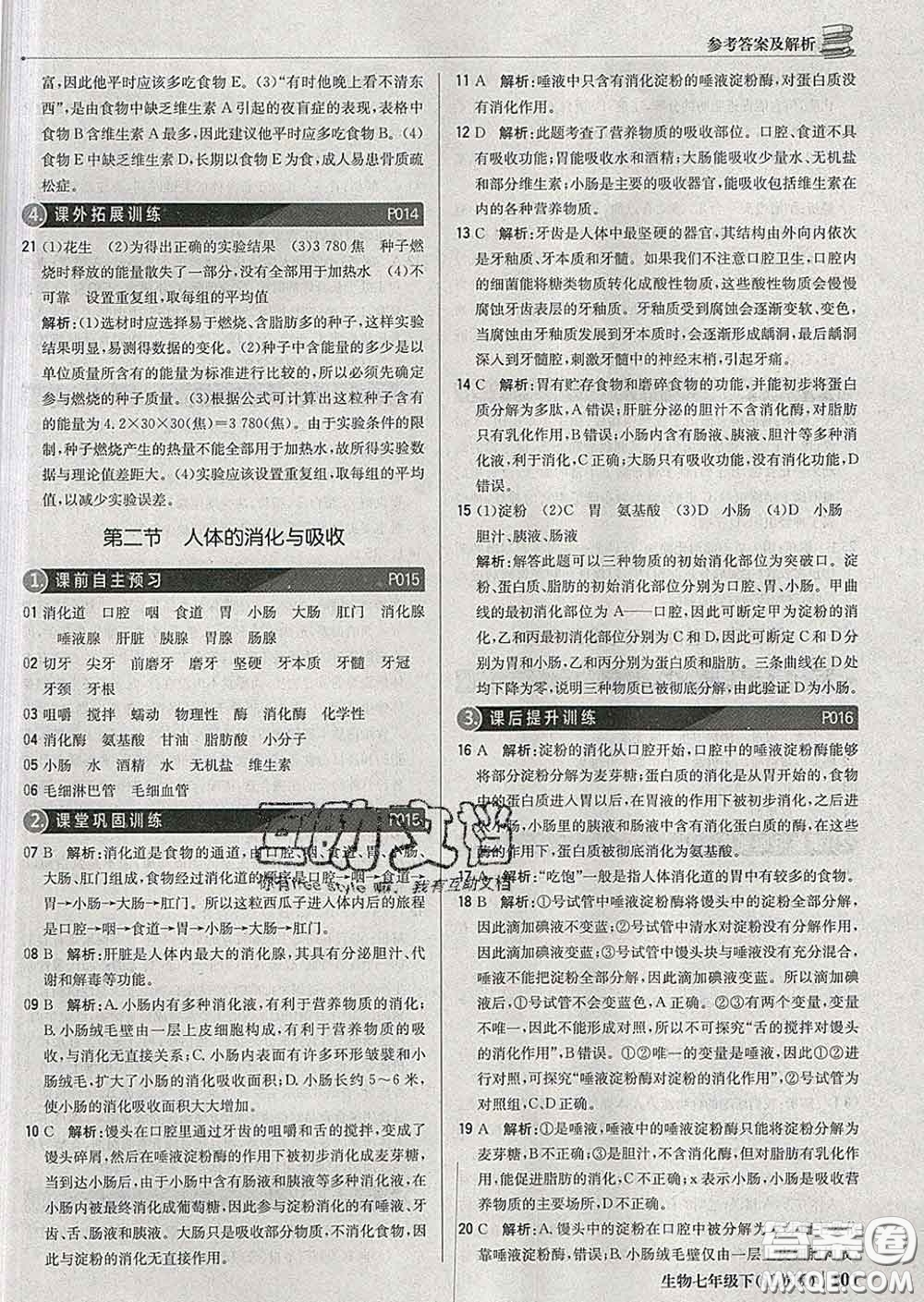 2020新版1加1輕巧奪冠優(yōu)化訓(xùn)練七年級生物下冊江蘇版答案