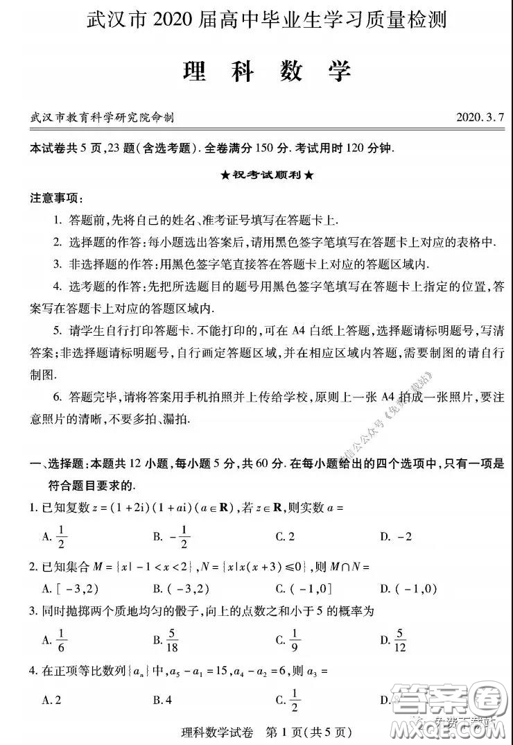 武漢市2020屆3月高中畢業(yè)班學習質(zhì)量檢測理科數(shù)學試題及答案