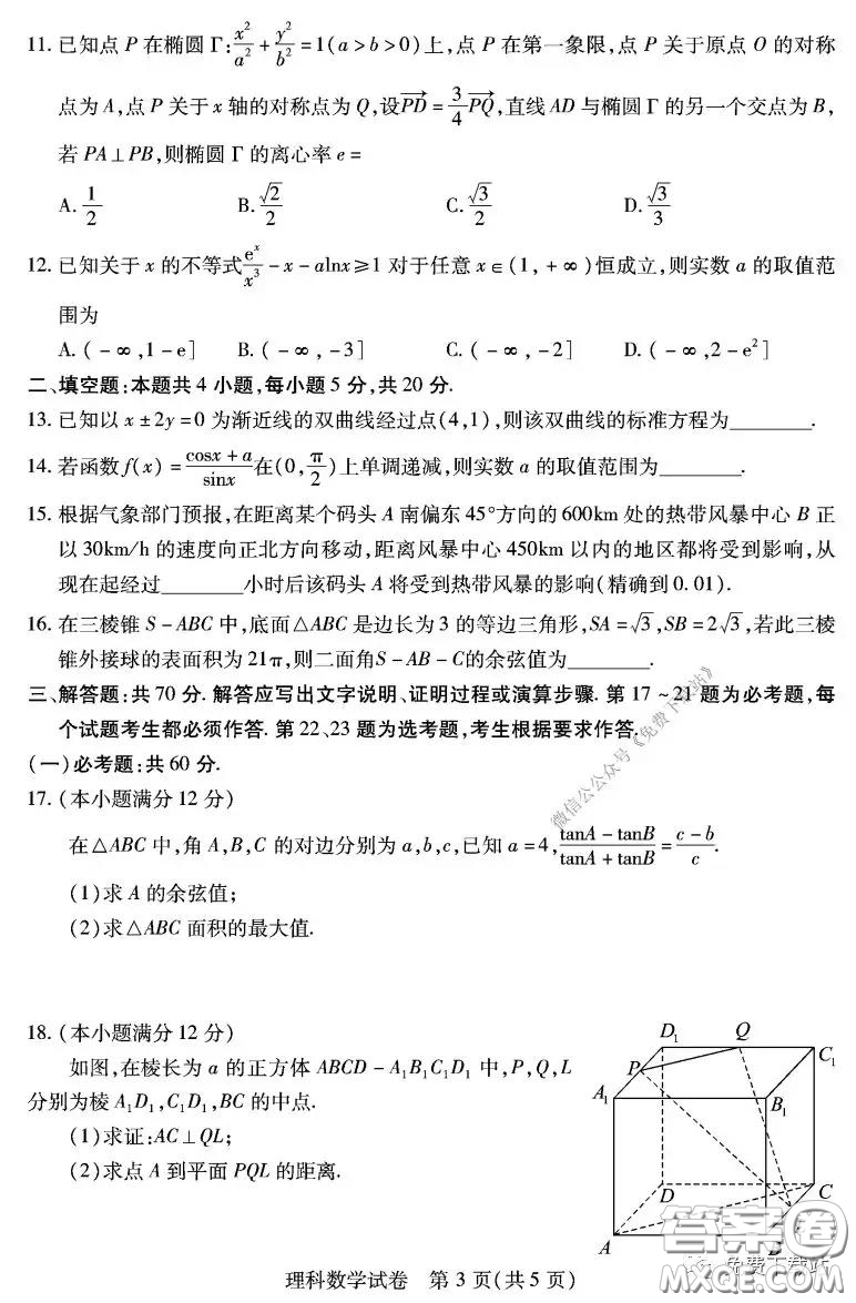 武漢市2020屆3月高中畢業(yè)班學習質(zhì)量檢測理科數(shù)學試題及答案