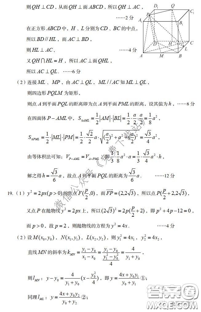 武漢市2020屆3月高中畢業(yè)班學習質(zhì)量檢測理科數(shù)學試題及答案