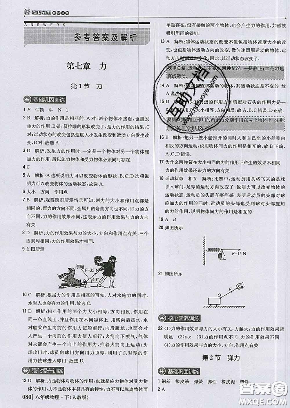 2020新版1加1輕巧奪冠優(yōu)化訓(xùn)練八年級物理下冊人教版答案