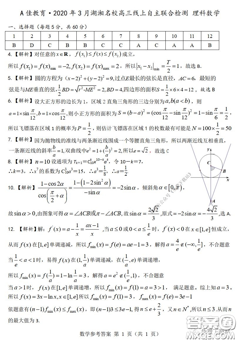 A佳教育2020年3月湖湘名校高三線上自主聯(lián)合檢測理科數(shù)學(xué)試題及答案