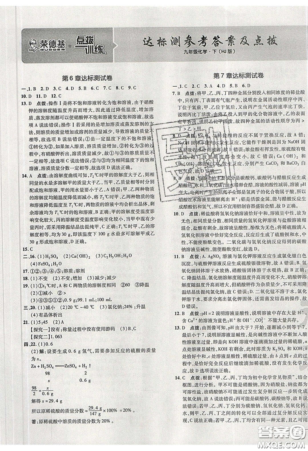 2020榮德基點(diǎn)撥訓(xùn)練九年級化學(xué)下冊滬教版答案