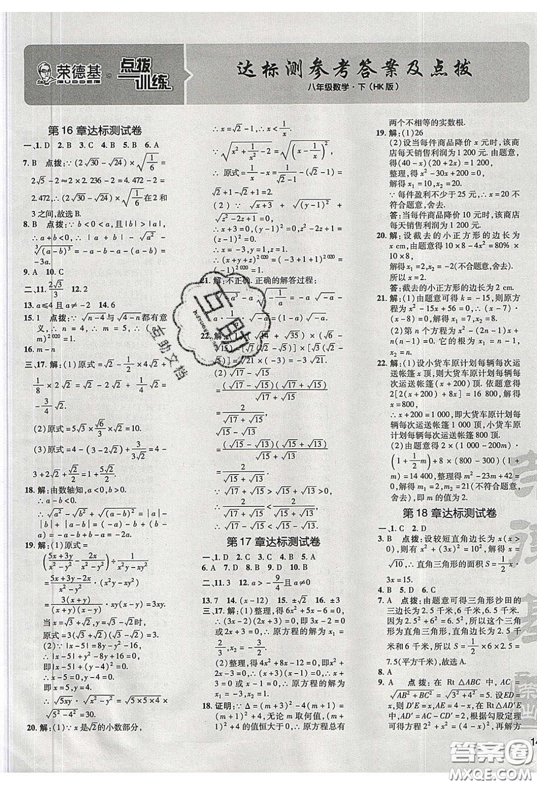 2020榮德基點(diǎn)撥訓(xùn)練八年級(jí)數(shù)學(xué)下冊(cè)滬科版安徽專用版答案